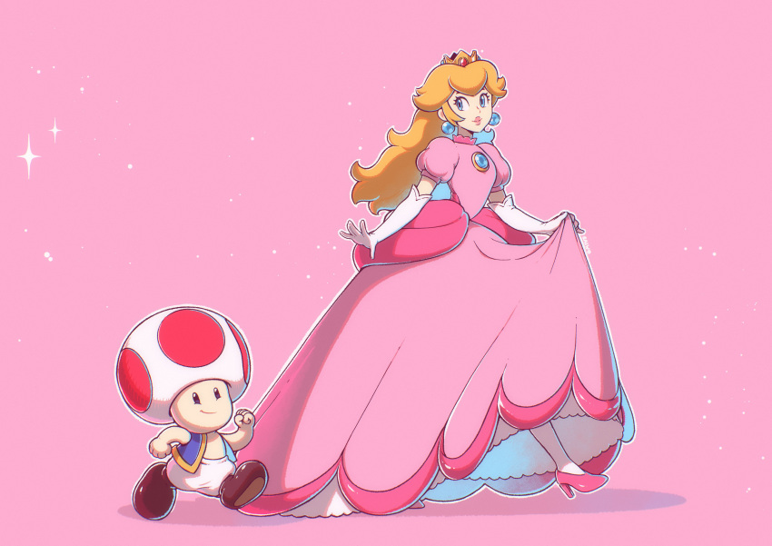 1boy 1girl absurdres blonde_hair blue_eyes blue_vest boots brooch brown_footwear clenched_hands crown dress earrings elbow_gloves full_body gloves high_heels highres jewelry light_smile long_hair pink_background pink_dress pink_footwear princess_peach puffy_short_sleeves puffy_sleeves red_toad_(mario) saiwo_(saiwoproject) short_sleeves simple_background sphere_earrings super_mario_bros. toad_(mario) vest white_gloves