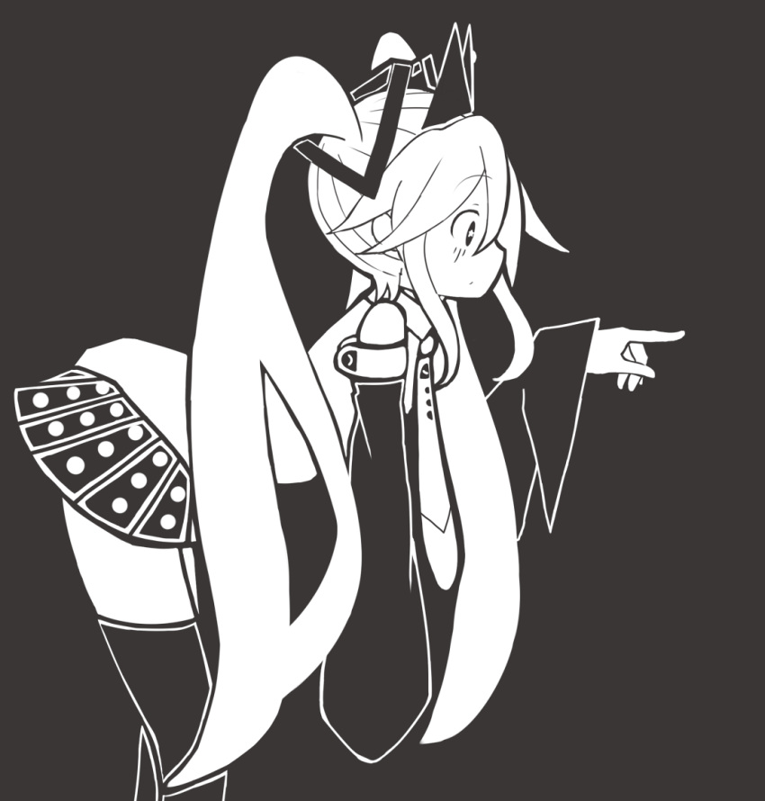 1girl bare_shoulders blush crown detached_sleeves from_side hair_between_eyes hair_ornament hatsune_miku leaning_forward long_hair looking_at_viewer looking_to_the_side monochrome necktie open_mouth pleated_skirt pointing shirt skirt sleeves_past_fingers sleeves_past_wrists solo spotted_skirt star-shaped_pupils star_(symbol) symbol-shaped_pupils thigh-highs tsunotsuki_(uguisu_maccha) twintails very_long_hair vocaloid zettai_ryouiki