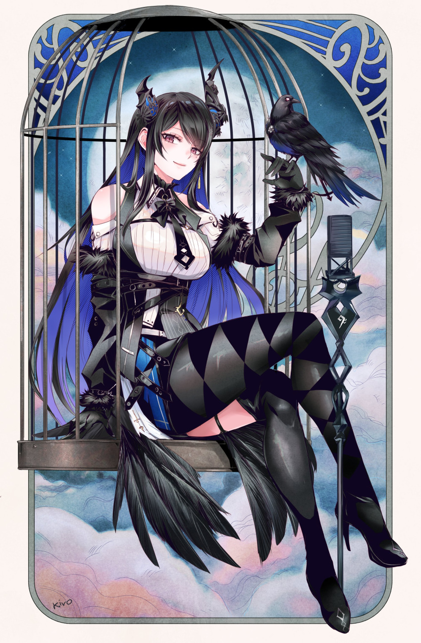 1girl absurdres asymmetrical_horns asymmetrical_legwear bird bird_on_hand birdcage black_bow black_bowtie black_hair black_pantyhose black_wings blue_hair bow bowtie cage clothing_cutout colored_inner_hair crow demon_horns feathered_wings fur_trim high_heels highres hololive hololive_english horn_flower horns kivo long_hair looking_at_viewer low_wings microphone mismatched_legwear mole mole_under_eye multicolored_hair nerissa_ravencroft pantyhose red_eyes ribbed_shirt shadow_(nerissa_ravencroft) shirt shoulder_cutout slit_pupils solo straight_hair two-tone_hair uneven_horns very_long_hair virtual_youtuber white_shirt wings