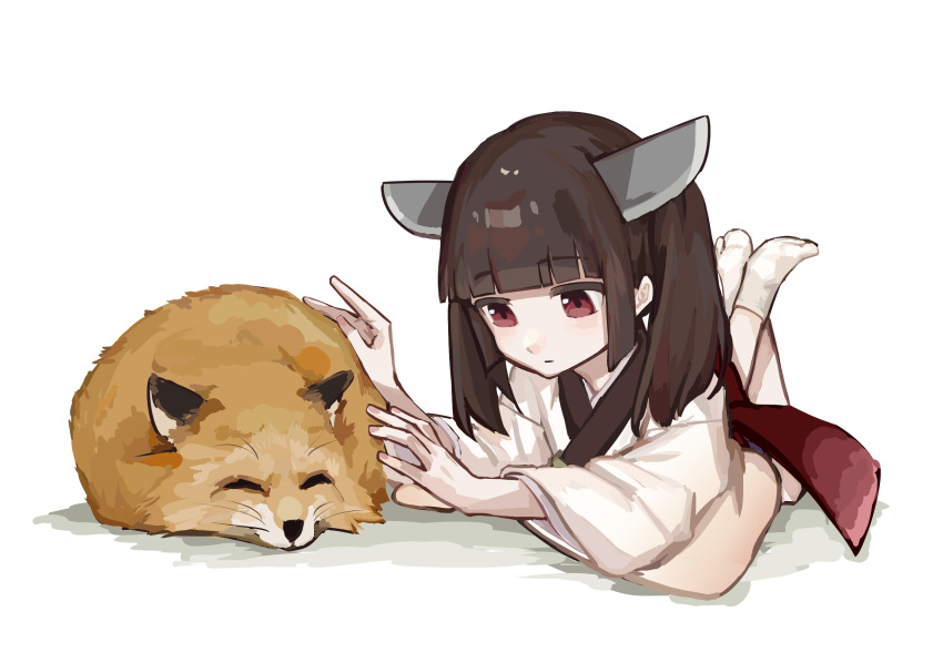 1girl brown_hair closed_mouth colored_eyelashes commentary_request expressionless feet_up fox headgear highres japanese_clothes kimono long_hair long_sleeves looking_at_animal lying on_stomach petting red_eyes sidelocks simple_background sleeping_animal socks solo tabi touhoku_kiritan twintails voiceroid white_background white_kimono white_socks wide_sleeves yomiya_setsu