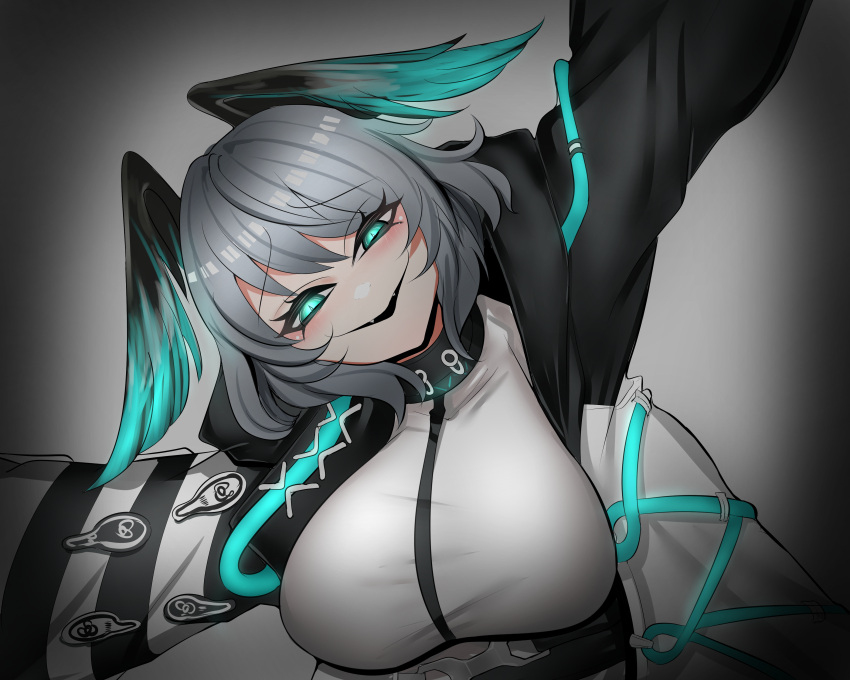 1girl :d abineko absurdres aqua_eyes arknights blush breasts commentary english_commentary fangs grey_hair head_wings highres ho'olheyak_(arknights) jacket looking_at_viewer short_hair smile solo wings