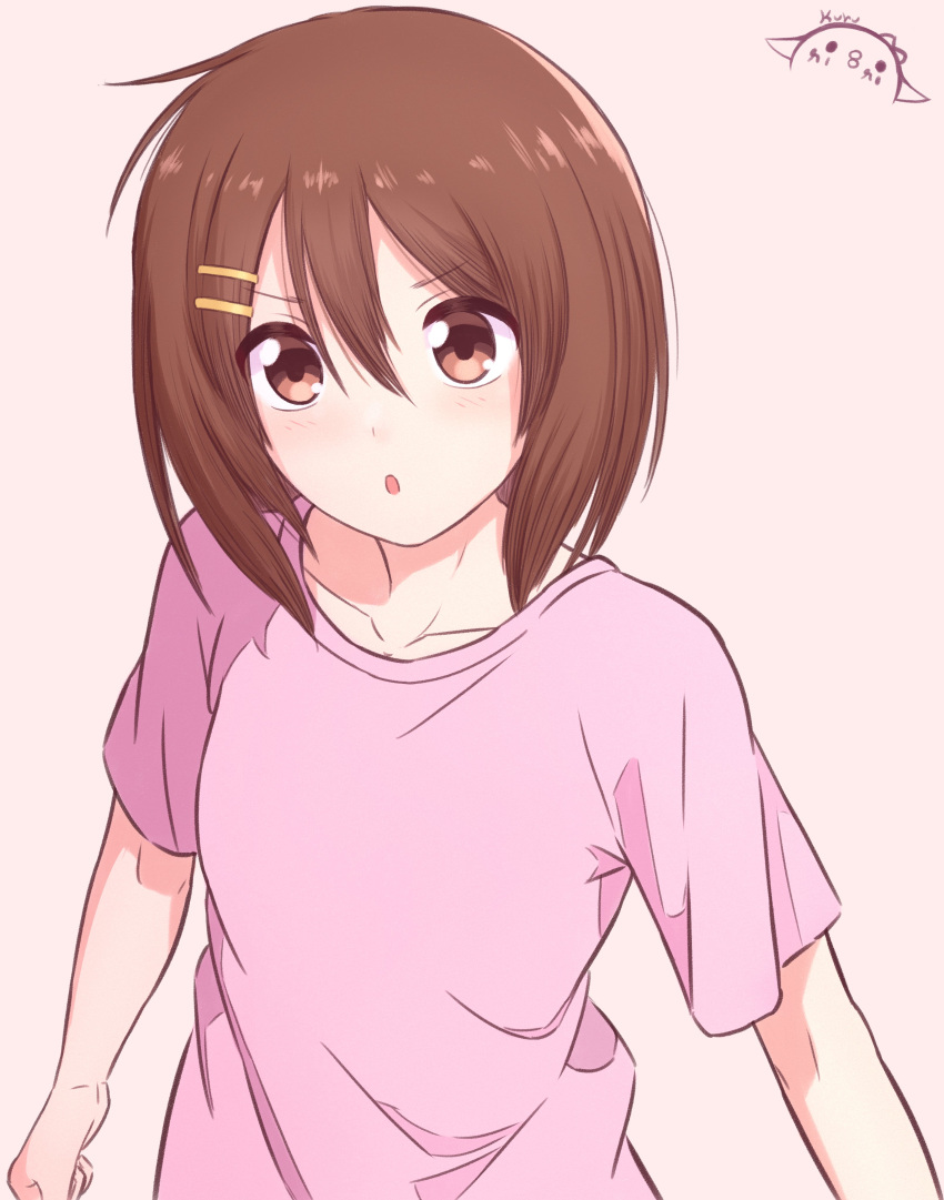 1girl :o absurdres brown_eyes brown_hair collarbone commentary english_commentary hair_between_eyes hair_ornament hairclip highres hirasawa_yui k-on! kurumimi_birb looking_at_viewer parted_lips pink_shirt shirt short_hair short_sleeves simple_background solo t-shirt upper_body white_background