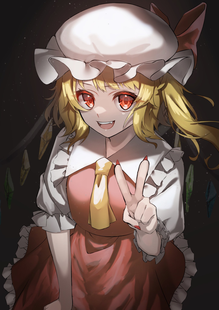 1girl ascot blonde_hair bow breasts collared_shirt crystal dark_background fang fingernails flandre_scarlet frilled_shirt_collar frilled_skirt frilled_sleeves frills hat hat_bow highres long_hair looking_at_viewer mob_cap multicolored_wings nail_polish one_side_up open_mouth puffy_short_sleeves puffy_sleeves red_bow red_eyes red_nails red_skirt red_vest sharp_fingernails shirt short_sleeves simple_background skirt skirt_set small_breasts solo teeth touhou upper_teeth_only vest wankosoradayo white_headwear white_shirt wings yellow_ascot