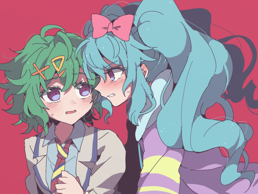 2girls angry blue_hair blush bow collared_shirt commentary_request drill_hair dual_persona green_hair grey_jacket grey_shirt hair_between_eyes hair_bow hair_ornament hood hoodie idol_land_pripara jacket katasumi_amari long_hair long_sleeves looking_at_another messy_hair multiple_girls necktie nojima_minami open_mouth pink_background pink_bow pretty_(series) pripara purple_hoodie red_background school_uniform shirt short_hair simple_background striped_necktie sweatdrop triangle_hair_ornament twin_drills twintails very_long_hair violet_eyes wavy_mouth x_hair_ornament