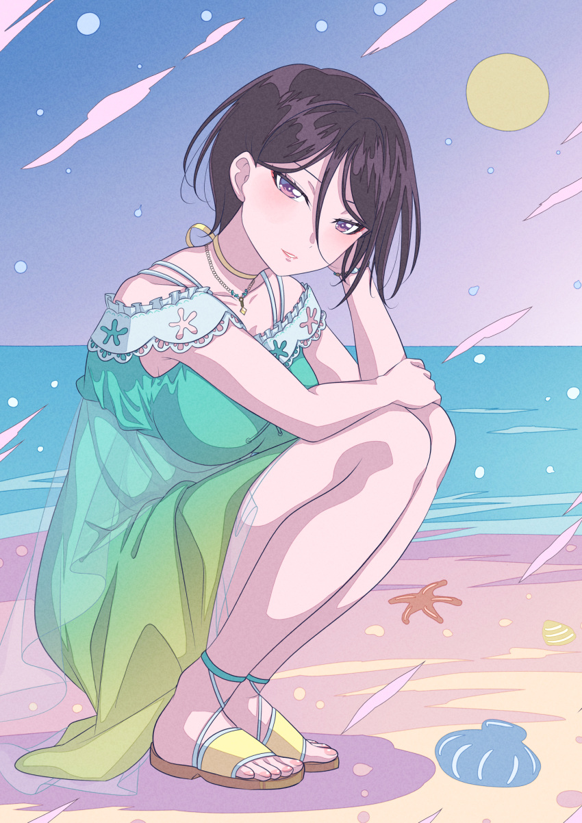 1girl asymmetrical_hair bang_dream! beach black_hair blush breasts clam collarbone dress hair_between_eyes hand_up highres jewelry kitayu large_breasts legs looking_at_viewer multicolored_clothes multicolored_dress necklace ocean sand sandals short_hair smile solo squatting starfish sun teeth toenails toes violet_eyes yashio_rui