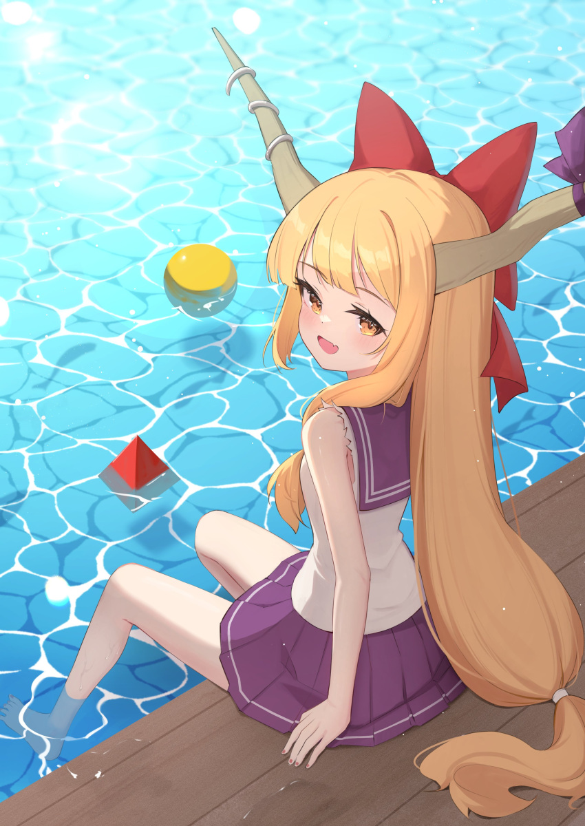 1girl :d \||/ absurdres bare_arms bare_legs bare_shoulders barefoot blush bow breasts caustics commentary_request fang from_above from_behind hair_bow highres horns ibuki_suika looking_at_viewer looking_back nail_polish oeyama oni_horns open_mouth orange_eyes orange_hair petite purple_skirt red_bow shirt sitting skin_fang skirt small_breasts smile soaking_feet solo touhou white_shirt