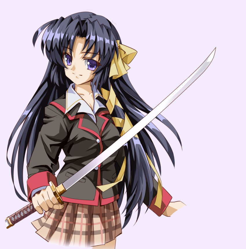 1girl arm_at_side black_hair black_jacket blazer bow brown_skirt closed_mouth collared_shirt commentary cowboy_shot fighting_stance hair_bow hair_ribbon highres holding holding_sword holding_weapon jacket katana kurugaya_yuiko little_busters! little_busters!_school_uniform long_hair long_sleeves longmei_er_de_tuzi looking_at_viewer miniskirt parted_bangs pink_background plaid plaid_skirt retro_artstyle ribbon school_uniform shirt simple_background skirt smile solo split_mouth standing straight_hair sword very_long_hair violet_eyes weapon white_shirt yellow_bow yellow_ribbon