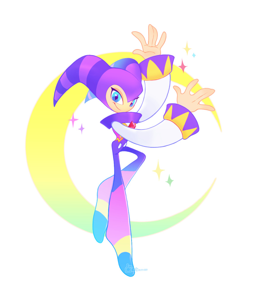 1other arms_up blue_eyes closed_mouth crescent full_body highres k0smic_aries looking_at_viewer nights_(character) nights_into_dreams simple_background smile solo sparkle white_background