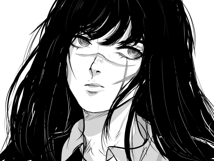 1girl absurdres black_hair chainsaw_man collared_shirt greyscale highres kazaarte long_hair looking_to_the_side monochrome parted_lips portrait ringed_eyes rolling_eyes scar scar_on_face scowl shirt solo white_background yoru_(chainsaw_man)