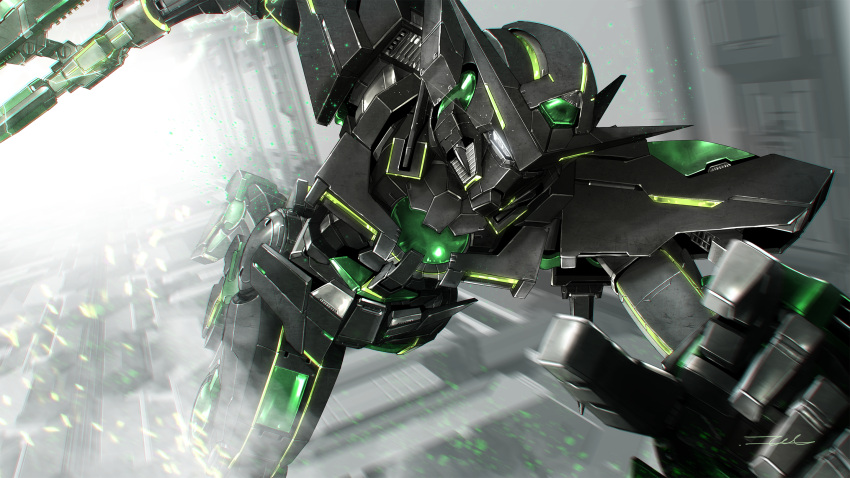 alternate_color armor black_armor blurry blurry_background commentary depth_of_field eye_trail green_eyes gundam gundam_00 gundam_exia highres light_trail looking_ahead mecha mixed-language_commentary mobile_suit no_humans robot running solo taka-f v-fin