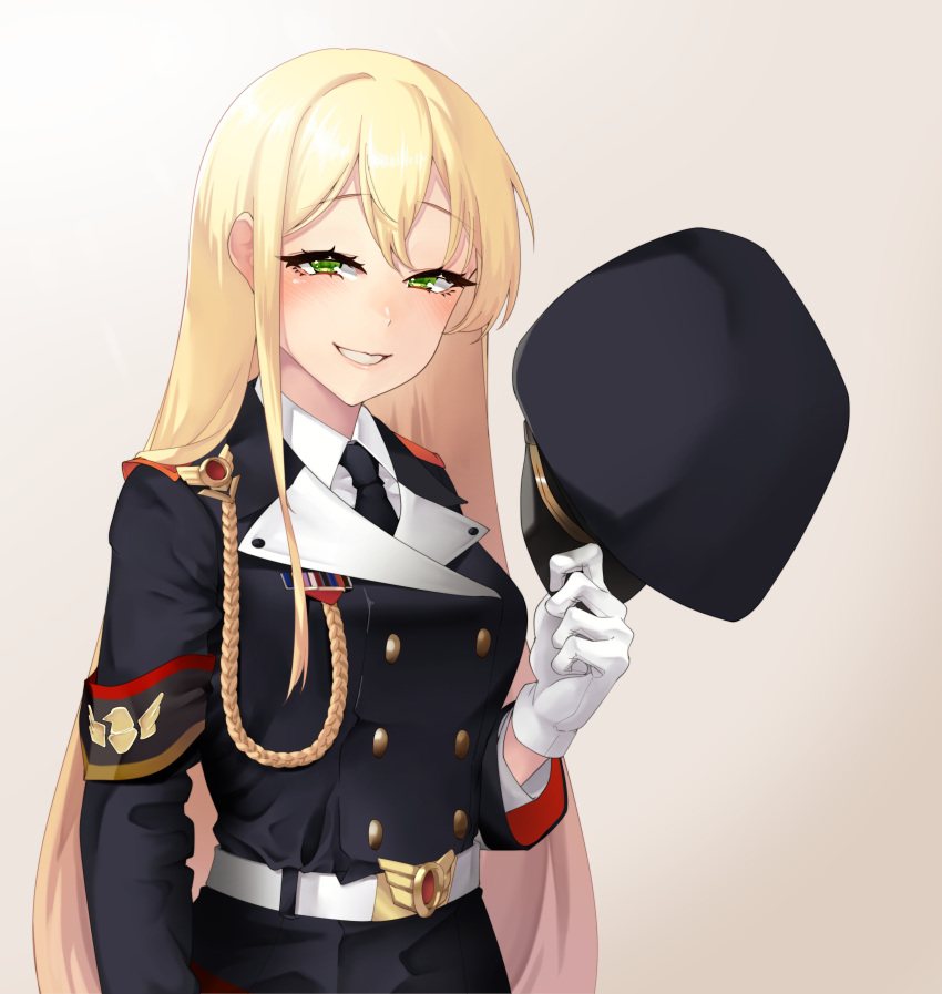 1girl absurdres armband blonde_hair blush collared_shirt commission commissioner_upload girls_frontline gloves green_eyes hat highres jacket long_hair long_sleeves looking_at_viewer military_hat military_uniform nakiusagi necktie peaked_cap shirt simple_background skeb_commission smile smug solo squinting stg44_(girls'_frontline) uniform very_long_hair white_gloves white_shirt