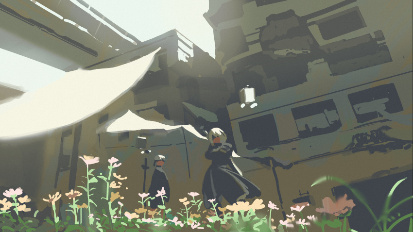 1boy 1girl 2b_(nier:automata) 9s_(nier:automata) absurdres black_blindfold black_hairband blindfold building covered_eyes crossed_arms dress floating floating_object floating_sword floating_weapon flower grass hairband highres long_sleeves luc_courtois nier:automata nier_(series) outdoors pod_(nier:automata) puffy_sleeves short_hair sword weapon white_hair