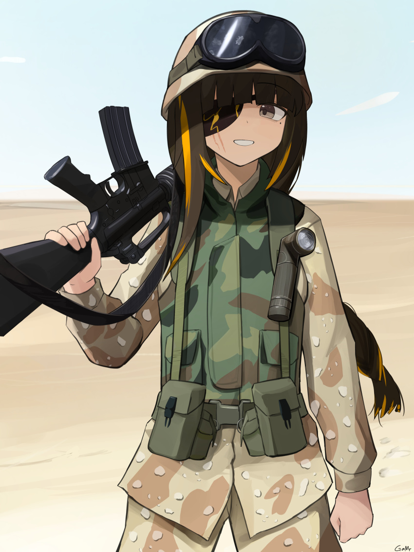 1girl absurdres artist_name assault_rifle braid camouflage cowboy_shot desert desert_camouflage eyepatch gamryous girls_frontline goggles goggles_on_headwear gun hat highres holding holding_gun holding_weapon long_hair long_sleeves looking_at_viewer m16 m16a1_(girls'_frontline) military_hat military_uniform mole mole_under_eye multicolored_hair open_mouth orange_hair outdoors rifle scar scar_across_eye scar_on_face smile solo streaked_hair teeth uniform weapon