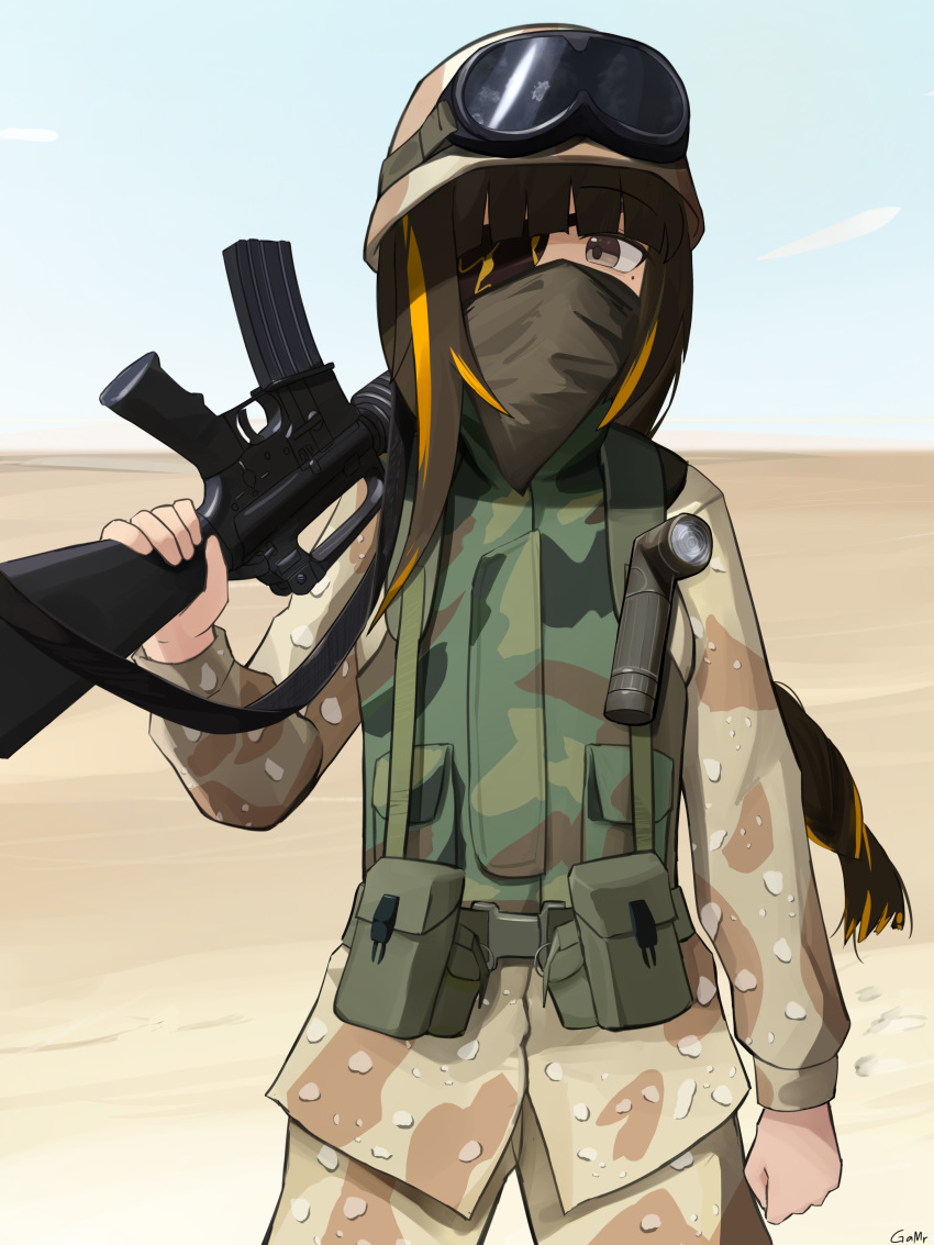 1girl absurdres artist_name assault_rifle braid camouflage cowboy_shot desert desert_camouflage eyepatch gamryous girls_frontline goggles goggles_on_headwear gun hat highres holding holding_gun holding_weapon long_hair long_sleeves looking_at_viewer m16 m16a1_(girls'_frontline) mask military_hat military_uniform mole mole_under_eye multicolored_hair orange_hair outdoors rifle scar smile solo streaked_hair uniform weapon