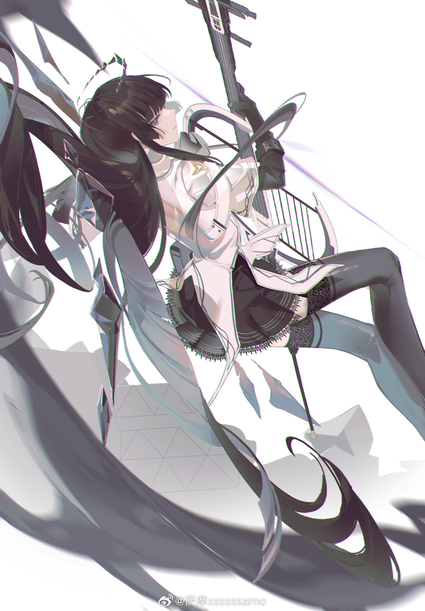 1girl absurdly_long_hair antenna_hair arknights artist_name ascot belt belt_buckle black_ascot black_garter_straps black_gloves black_hair black_halo black_outline black_skirt black_sleeves black_thighhighs black_wings blunt_bangs blurry blurry_background blurry_foreground bow_(music) bright_pupils broken_halo buckle cello chinese_commentary chinese_text chromatic_aberration closed_mouth collared_jacket commentary_request dark_halo depth_of_field detached_wings energy_wings feet_out_of_frame floating floating_hair from_side garter_straps gloves grey_eyes halo hands_up highres hime_cut holding holding_bow_(music) holding_instrument holding_violin instrument jacket knee_up layered_sleeves light_smile long_hair long_sleeves looking_at_viewer miniskirt music outline pale_skin playing playing_instrument pleated_skirt profile rubble samo_(shichun_samo) short_over_long_sleeves short_sleeved_jacket short_sleeves sidelocks sideways_glance simple_background skirt solo thigh-highs very_long_hair violin virtuosa_(arknights) watermark weibo_logo weibo_username white_background white_belt white_jacket white_pupils wide_sleeves wings zettai_ryouiki