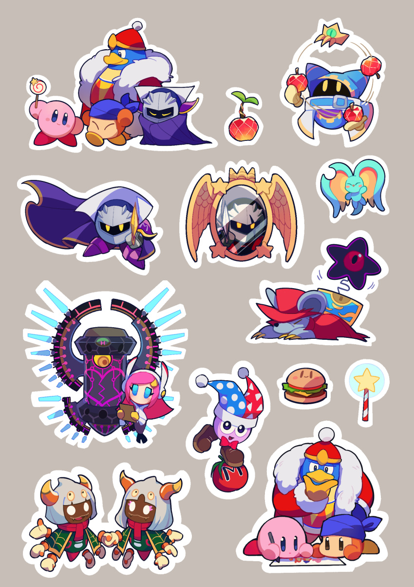 1other 2girls 6+boys absurdres aluuuuu721 animal_ears armor bandana bandana_waddle_dee blue_bandana blue_eyes cape claws closed_eyes crown dark_meta_knight dark_nebula daroach dimension_mirror disembodied_limb drawing elfilin extra_arms galaxia_(sword) gem_apple gloves grey_background hand_on_own_chin hat highres holding holding_pencil holding_sword holding_weapon horns invincible_candy jester_cap juggling king_dedede kirby kirby_(series) kirby_burger magolor marx_(kirby) master_crown maxim_tomato meta_knight mouse_ears notched_ear outline pauldrons pencil pink_hair pom_pom_(cheerleading) queen_sectonia shoulder_armor smile solid_oval_eyes star_dream star_rod susie_(kirby) sword taranza treasure_chest weapon white_hair white_outline