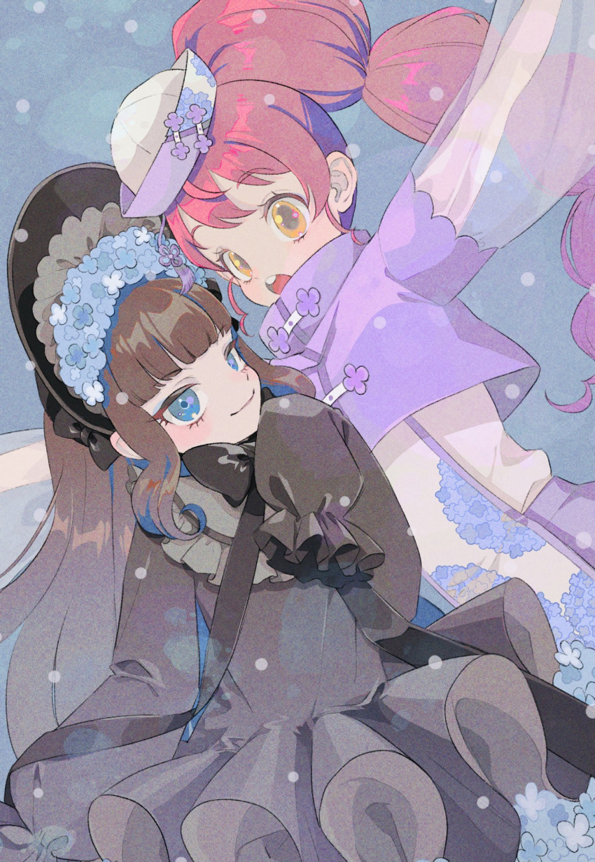 2girls :o black_bow black_dress black_headwear blue_background blue_eyes blue_flower blunt_bangs blush bonnet bow brown_hair chinese_clothes commentary_request cropped_jacket dress floral_print flower frilled_dress frills gothic_lolita hair_flower hair_ornament hand_on_own_chin high_collar highres jacket kurosu_aroma lolita_fashion long_hair long_sleeves looking_at_viewer multiple_girls niku_(onikujunjuwa) open_mouth outstretched_arms pretty_(series) pripara puffy_long_sleeves puffy_sleeves purple_jacket redhead shiratama_mikan sleeves_past_fingers sleeves_past_wrists smile spread_arms very_long_hair yellow_eyes