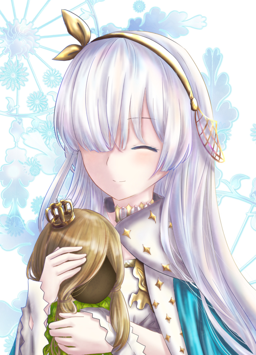 1girl anastasia_(fate) blue_cloak blue_eyes brown_hair cloak closed_eyes closed_mouth commentary_request crown doll dress facing_viewer fate/grand_order fate_(series) hair_ornament hair_over_one_eye hairband highres holding holding_doll jewelry long_hair long_sleeves looking_at_viewer mini_crown pendant royal_robe smile solo star_(symbol) upper_body very_long_hair viy_(fate) white_background white_hair yellow_hairband yuka17