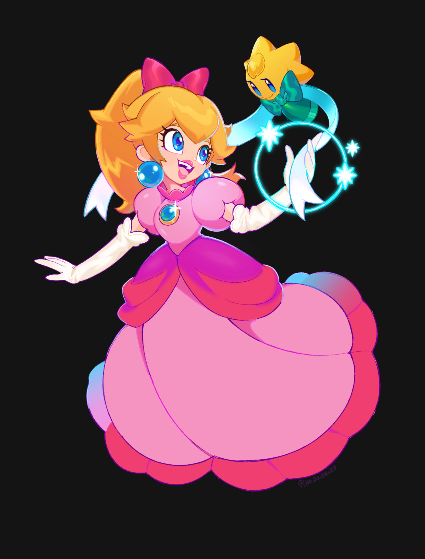 2girls black_background blonde_hair blue_eyes bow closed_mouth commentary dress earrings elbow_gloves english_commentary full_body gloves hair_bow highres jewelry k0smic_aries long_hair looking_at_another multiple_girls open_mouth pink_bow pink_dress ponytail princess_peach princess_peach:_showtime! puffy_short_sleeves puffy_sleeves short_sleeves simple_background smile sphere_earrings stella_(peach) super_mario_bros. white_gloves