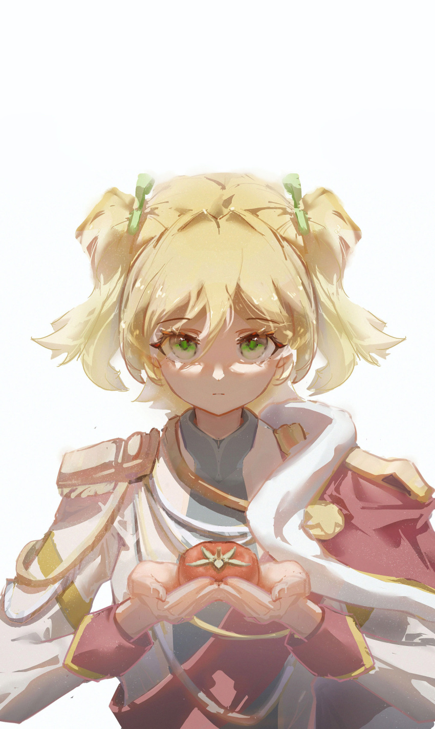 1girl absurdres aiguillette blonde_hair closed_mouth commentary cupping_hands daiba_nana epaulettes expressionless food fur-trimmed_jacket fur_trim green_eyes green_ribbon guozhi_jeilcy hair_between_eyes hair_ribbon hands_up highres holding holding_food holding_vegetable jacket jacket_on_shoulders long_sleeves looking_at_viewer own_hands_together red_jacket red_sash ribbon sash short_hair short_twintails shoujo_kageki_revue_starlight shoulder_sash simple_background solo tomato twintails upper_body vegetable white_background white_jacket