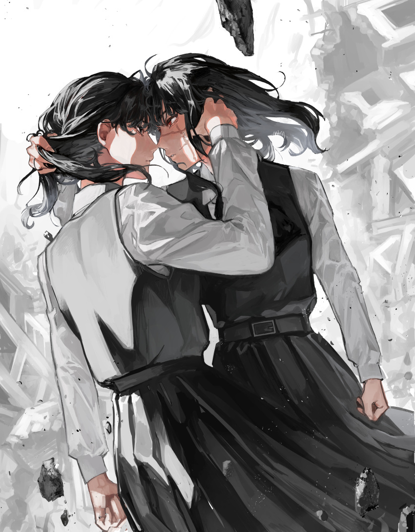 2girls absurdres arm_at_side belt black_dress black_eyes black_hair chainsaw_man clenched_hand cowboy_shot debris dress face-to-face forehead-to-forehead fourth_east_high_school_uniform from_side hand_in_another's_hair heads_together highres holding_another's_hair holding_another's_head long_sleeves looking_at_another medium_hair mitaka_asa multiple_girls muted_color mutumipketto parted_lips pinafore_dress red_eyes rubble scar scar_on_face school_uniform shirt signature sleeveless sleeveless_dress white_shirt wind yoru_(chainsaw_man)