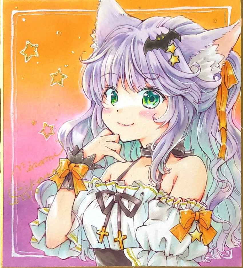 1girl animal_ears artist_name bat_hair_ornament cat_ears cat_girl closed_mouth commentary frilled_cuffs frilled_shirt frilled_sleeves frills green_eyes hair_ornament halloween halterneck hand_to_own_mouth highres long_hair looking_at_viewer marker_(medium) minami_kawa off-shoulder_shirt off_shoulder original purple_hair scan shirt short_sleeves signature smile solo star_(symbol) star_hair_ornament traditional_media upper_body white_shirt