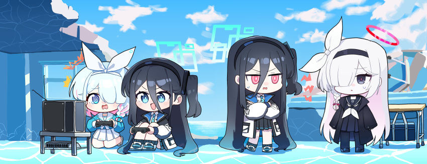 &lt;key&gt;_(blue_archive) 4girls @_@ ^^^ absurdly_long_hair absurdres aris_(blue_archive) arona_(blue_archive) black_choker black_coat black_eyes black_hair black_hairband black_sailor_collar black_skirt blue_archive blue_eyes blue_hair blue_halo blue_necktie braid choker coat collared_shirt colored_inner_hair controller game_controller hair_over_one_eye hairband halo highres holding holding_controller holding_game_controller jacket long_hair long_sleeves multicolored_hair multiple_girls neckerchief necktie one_side_up open_clothes open_coat open_jacket pink_hair plana_(blue_archive) playing_games pleated_skirt red_eyes red_halo ringed_eyes sailor_collar shirt short_hair single_braid skirt television two-sided_fabric two-sided_jacket very_long_hair white_choker white_hair white_jacket white_neckerchief white_sailor_collar white_shirt white_skirt yanggaengwang