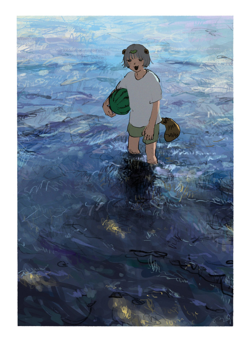 1girl 339_(300yenmade) :3 animal_ears animal_nose black_eyes blush bob_cut border carrying carrying_under_arm commentary_request fang food fruit green_shorts grey_hair highres leaf leaf_on_head looking_at_viewer mode_aim open_mouth outdoors ponpoko_(vtuber) raccoon_ears raccoon_girl raccoon_tail shallow_water shirt short_sleeves shorts smile solo standing t-shirt tail virtual_youtuber wading water watermelon white_border white_shirt wide_shot