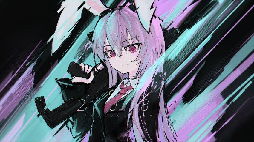 1girl absurdres animal_ears blazer commentary english_commentary english_text gun highres holding holding_gun holding_weapon jacket light_smile long_hair long_sleeves looking_at_viewer necktie purple_hair rabbit_ears rabbit_girl red_necktie reisen_udongein_inaba rifle sedl_04 solo touhou very_long_hair violet_eyes weapon
