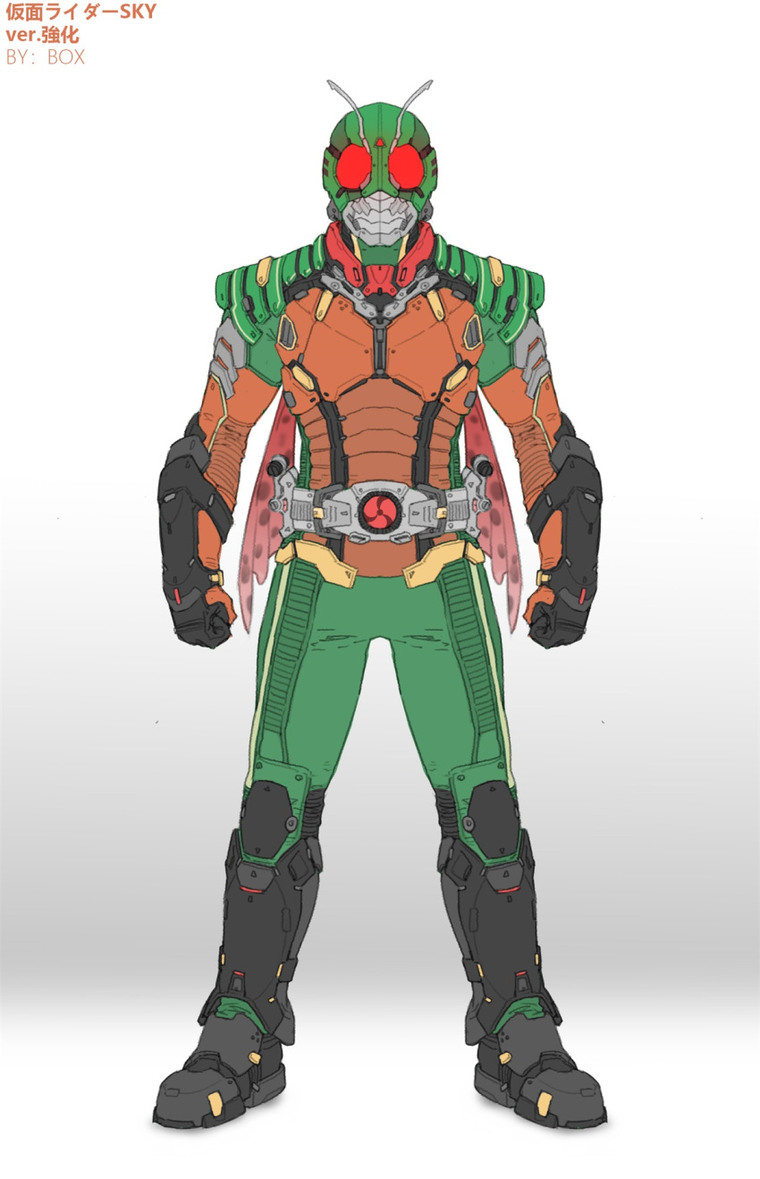 1boy alternate_color antennae armor armored_boots black_armor black_footwear boots chinese_commentary commentary_request driver_(kamen_rider) full_body gauntlets green_pants highres kamen_rider knee_pads mask new_kamen_rider orange_armor pants red_eyes red_scarf scarf shoulder_armor simple_background skyrider solo standing white_background xiangzi_box