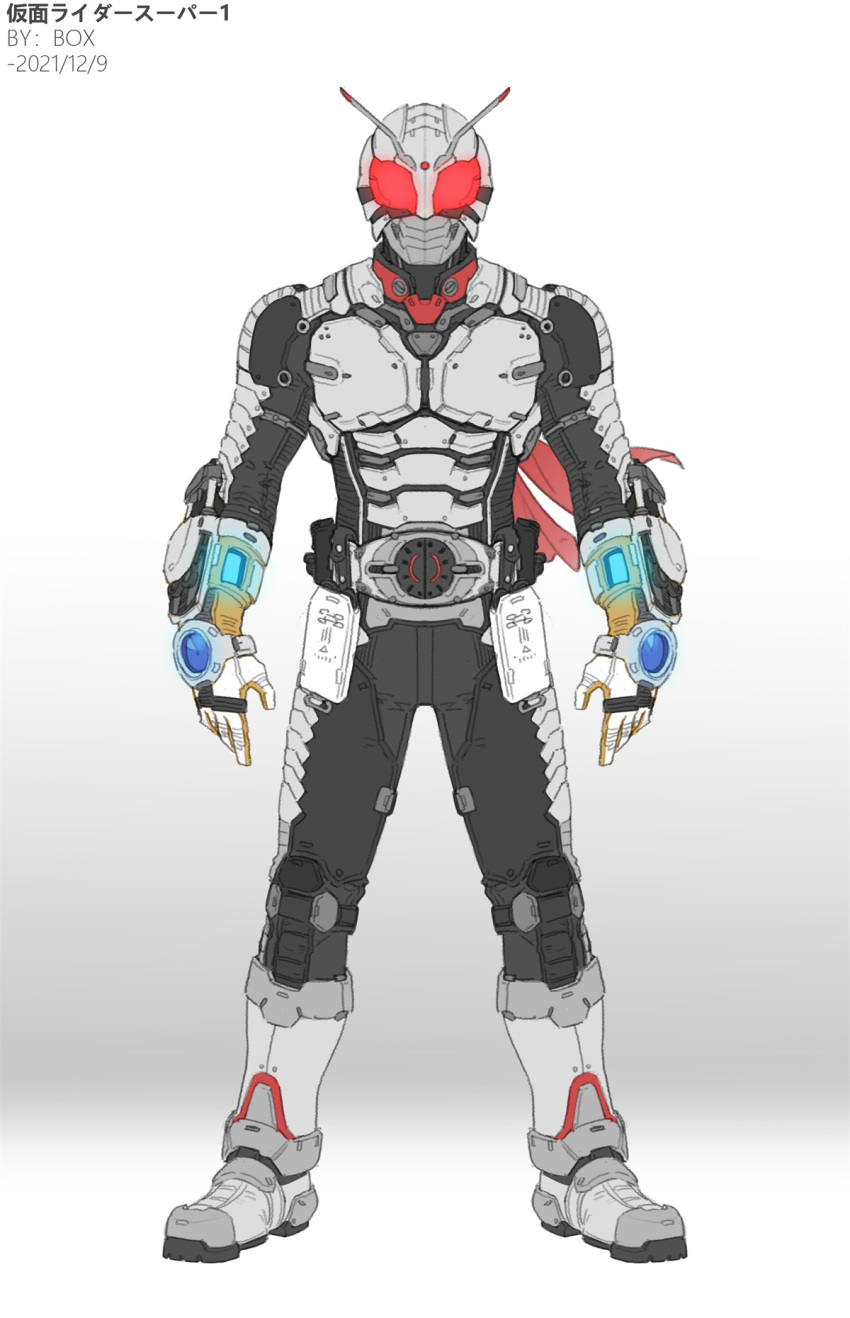1boy antennae armored_boots black_bodysuit bodysuit boots chinese_commentary commentary_request driver_(kamen_rider) full_body gauntlets gloves glowing glowing_eyes grey_armor grey_footwear highres kamen_rider kamen_rider_super-1 kamen_rider_super-1_(series) mask red_eyes simple_background solo white_armor white_background white_gloves wrist_chain xiangzi_box