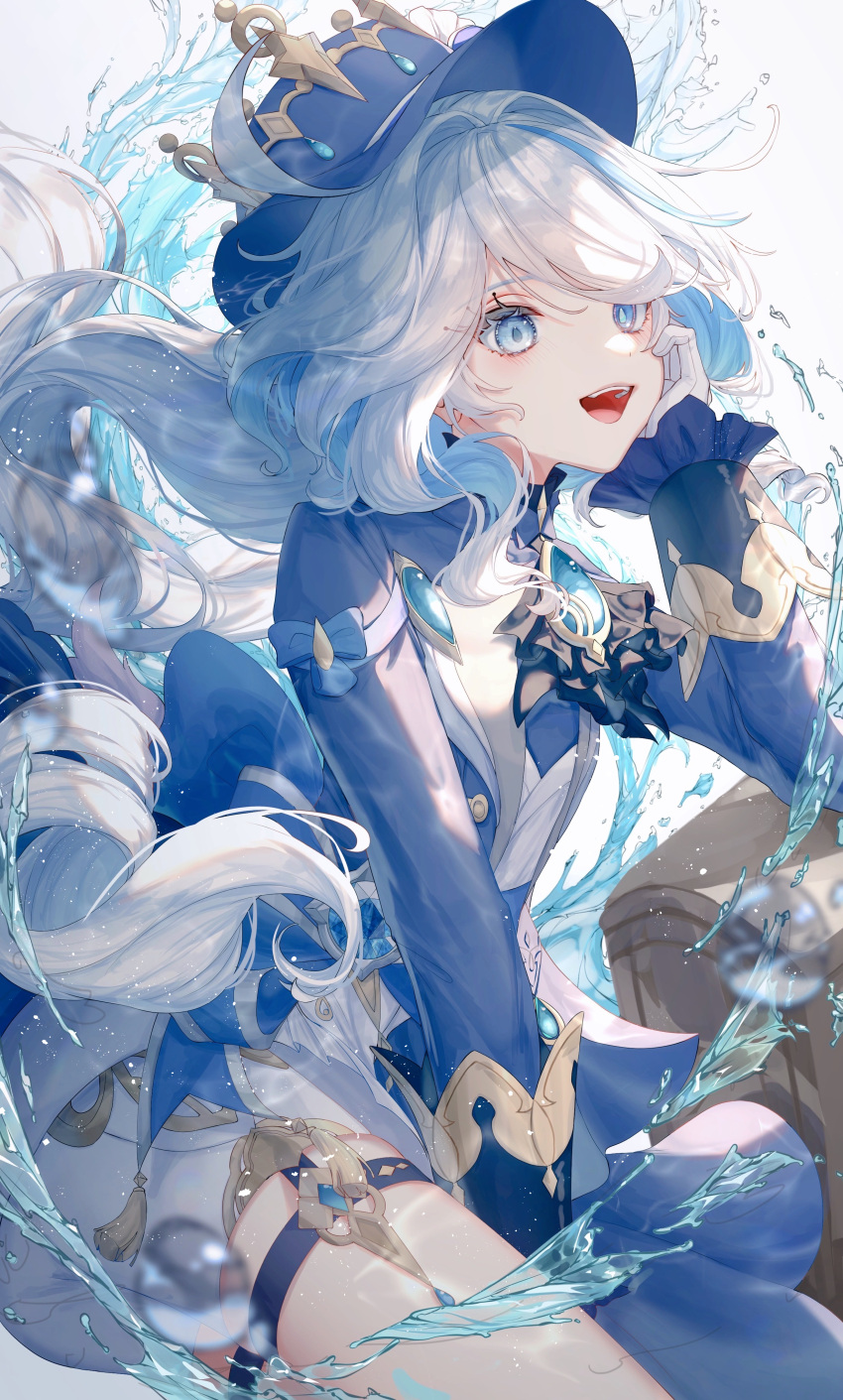 1girl absurdres ahoge ascot asymmetrical_gloves black_hair blue_ascot blue_brooch blue_eyes blue_gemstone blue_hair blue_headwear blue_jacket commentary furina_(genshin_impact) furrowed_brow gem genshin_impact gloves gold_trim hair_intakes hand_on_own_cheek hand_on_own_face hat highres jacket lapels light_blue_hair long_hair long_sleeves looking_ahead md5_mismatch mismatched_gloves mismatched_pupils multicolored_hair open_mouth resolution_mismatch shorts simple_background smile solo source_larger streaked_hair swept_bangs teeth thigh_strap toku_kekakewanko top_hat upper_teeth_only very_long_hair violet_eyes water wavy_hair white_background white_gloves white_shorts