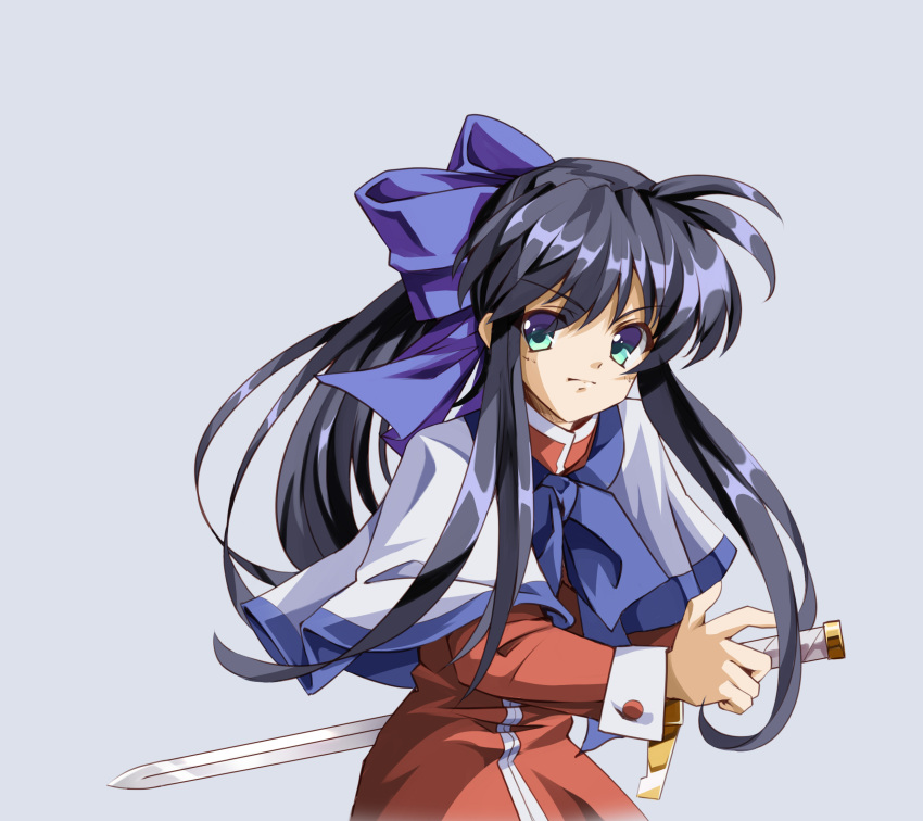1girl black_hair blue_bow bow capelet closed_mouth commentary cowboy_shot dress eyes_visible_through_hair fighting_stance floating_hair green_eyes grey_background hair_between_eyes hair_bow highres holding holding_sword holding_weapon kanon kawasumi_mai long_hair long_sleeves longmei_er_de_tuzi looking_at_viewer ponytail purple_bow red_dress retro_artstyle school_uniform serious sidelocks simple_background solo standing sword v-shaped_eyebrows very_long_hair weapon white_capelet