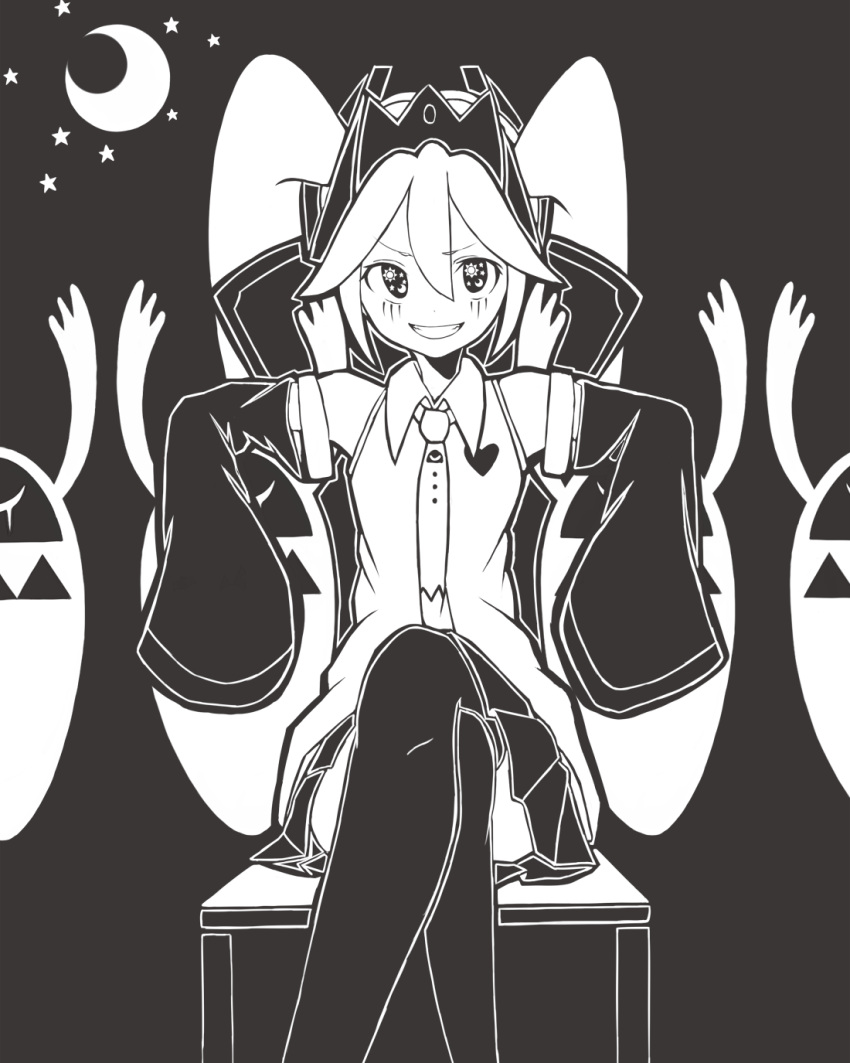 +_+ 1girl bare_shoulders blush buriki_no_dance_(vocaloid) crescent_moon crossed_legs crown detached_sleeves grin hair_between_eyes hair_ornament hatsune_miku highres long_hair looking_at_viewer monochrome moon necktie open_mouth pleated_skirt shirt skirt sleeves_past_fingers sleeves_past_wrists smile solo star-shaped_pupils star_(symbol) symbol-shaped_pupils tsunotsuki_(uguisu_maccha) twintails very_long_hair vocaloid