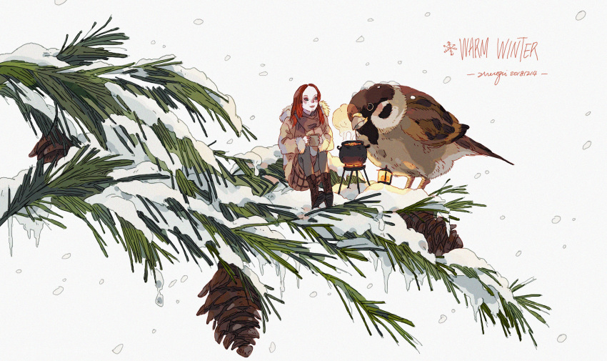 1girl animal artist_name bird boots brown_footwear cauldron coat colored_text commentary cup dated english_commentary english_text eurasian_tree_sparrow fur_trim highres holding holding_cup in_tree lantern large_forehead mini_person minigirl original pale_skin pine_tree pinecone redhead sitting sitting_in_tree skirt smile snow snowing solid_circle_pupils sparrow tree winter xi_zhang yellow_eyes