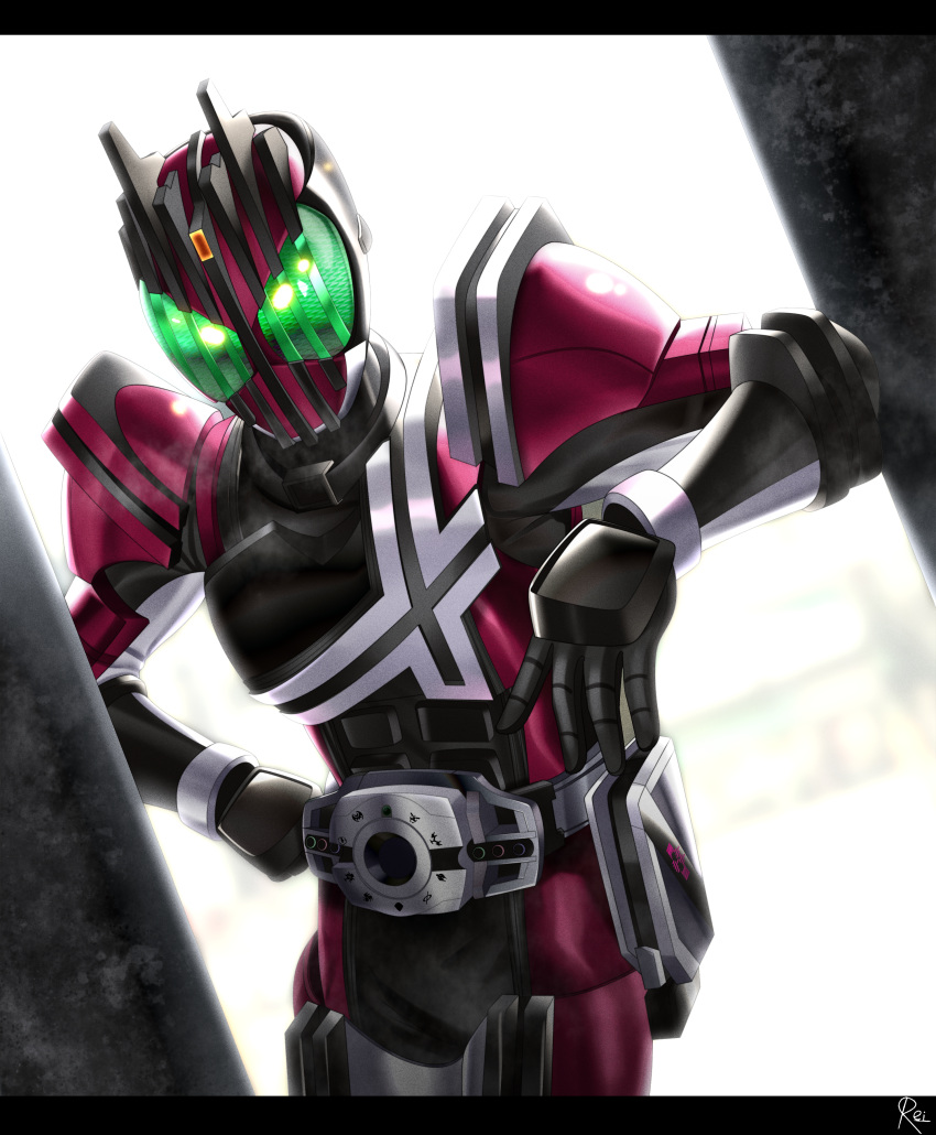 1boy absurdres armor backlighting black_armor commentary compound_eyes decadriver driver_(kamen_rider) english_commentary forehead_jewel green_eyes hand_on_own_hip highres kamen_rider kamen_rider_dcd kamen_rider_decade letterboxed pink_armor reiei_8 rider_belt shoulder_armor solo upper_body