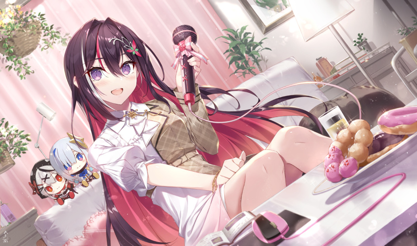 1girl :d amane_kanata amane_kanata_(1st_costume) asymmetrical_clothes azki_(4th_costume)_(hololive) azki_(hololive) black_hair blush brown_jacket character_doll commentary couch curtains doughnut dress floor_lamp food gabiran hair_between_eyes hair_intakes hair_ornament highres holding holding_microphone hololive indoors jacket long_hair long_sleeves looking_at_viewer microphone mouse_(computer) multicolored_hair on_couch pillow plate pon_de_ring puffy_short_sleeves puffy_sleeves redhead sakamata_chloe sakamata_chloe_(1st_costume) short_sleeves sitting smile solo two-tone_hair very_long_hair violet_eyes virtual_youtuber white_dress x_hair_ornament