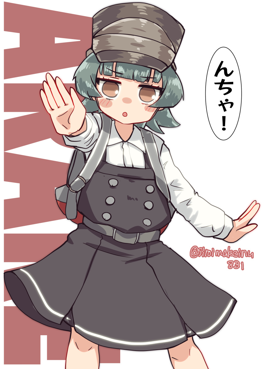1girl absurdres arare_(kancolle) backpack bag black_dress brown_eyes character_name collared_shirt dress dress_shirt feet_out_of_frame grey_hair hat highres kantai_collection kitahama_(siroimakeinu831) looking_at_viewer one-hour_drawing_challenge pinafore_dress shirt short_hair sleeveless sleeveless_dress solo text_background twitter_username white_background white_shirt