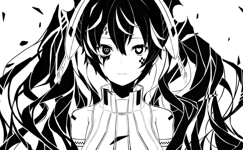 1girl android bare_shoulders cracked_skin detached_sleeves facial_mark floating_hair glass_shards hair_between_eyes hair_ornament hatsune_miku heart heart-shaped_pupils long_hair looking_at_viewer miku_append mismatched_pupils monochrome parted_lips shirt solo symbol-shaped_pupils tsunotsuki_(uguisu_maccha) twintails very_long_hair vocaloid vocaloid_append