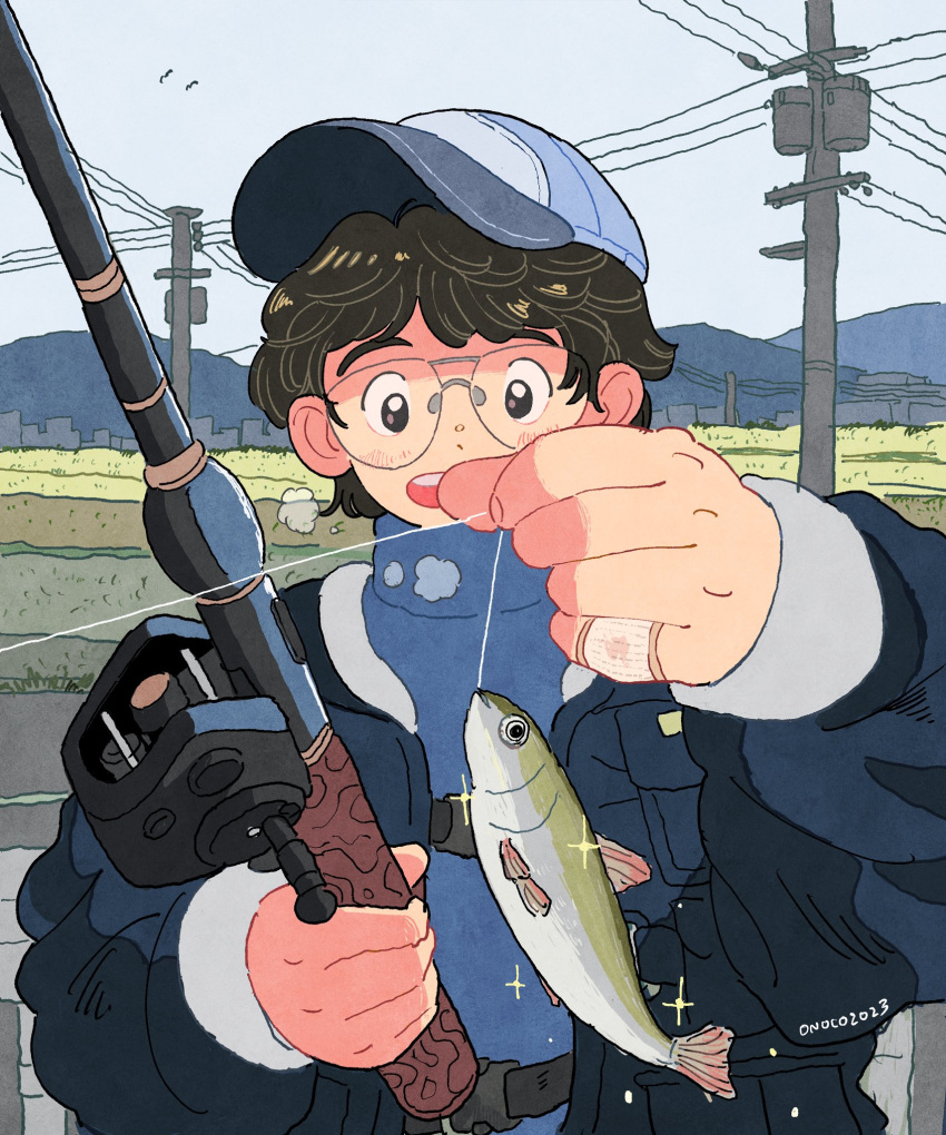 1boy 2023 artist_name aviator_eyewear belt black_belt black_eyes black_hair black_jacket blue_headwear blue_shirt breath cityscape commentary_request day fish fishing_rod glasses highres holding holding_fishing_rod holding_string jacket long_sleeves looking_at_animal male_focus mountainous_horizon onoconokoko0625 open_clothes open_jacket open_mouth original outdoors power_lines retro_artstyle rice_paddy rimless_eyewear shirt short_hair simple_bird sky snap-fit_buckle solo sparkle string teeth transformer turtleneck upper_body upper_teeth_only utility_pole white_headwear white_sky