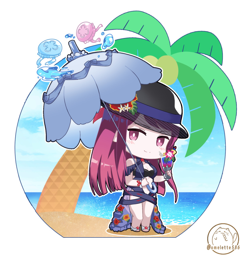 1girl beach black_headwear blue_one-piece_swimsuit chibi cocktail_glass cup drink drinking_glass fire_emblem fire_emblem_engage fire_emblem_heroes flower glass highres holding ivy_(fire_emblem) ivy_(summer)_(fire_emblem) komurice long_hair looking_at_viewer ocean official_alternate_costume one-piece_swimsuit palm_tree parasol purple_hair swimsuit tree umbrella violet_eyes