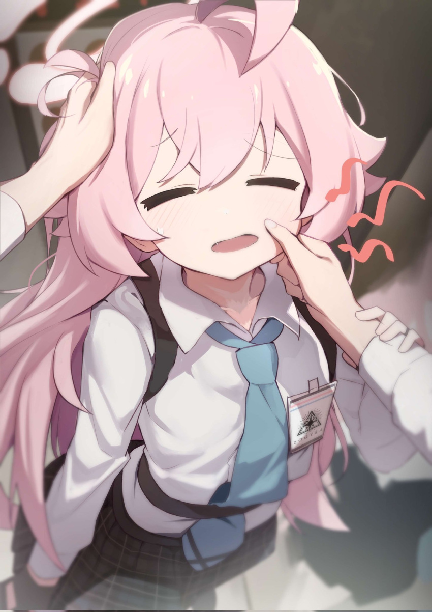 1girl 1other ahoge blue_archive cheek_squash closed_eyes fang hair_between_eyes hair_flaps halo highres hoshino_(blue_archive) huge_ahoge light_blush liyom long_hair open_mouth pink_hair pink_halo