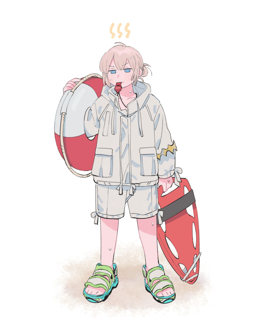 1boy blowing_whistle blue_eyes brown_hair coat collarbone commentary drawstring english_commentary fate/grand_order fate_(series) full_body hair_bun highres holding holding_innertube innertube lifebuoy lifeguard male_focus oberon_(fate) oneroom-disco pocket rescue_board sandals shorts simple_background solo standing striped_innertube sweatdrop whistle whistle_around_neck white_background white_coat white_shorts
