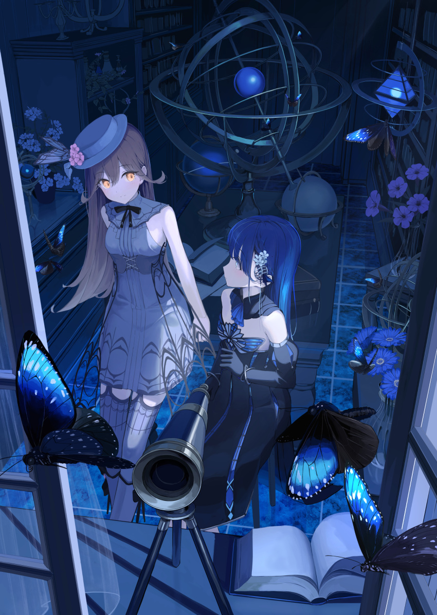2girls armillary_sphere ascot bare_shoulders black_bow black_bowtie black_gloves blue_ascot blue_eyes blue_hair book bow bowtie bracelet bug butterfly butterfly_hair_ornament celestial_globe curtains elbow_gloves flower gloves glowing glowing_eyes hair_ornament hat hat_flower highres jewelry looking_at_another mikisai multiple_girls open_book original sideways_glance smile telescope tile_floor tiles window yellow_eyes