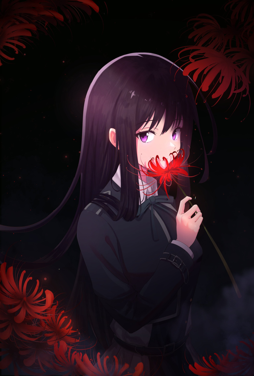 1girl absurdres aimaeart belt black_background black_hair blue_belt blue_dress closed_mouth collared_shirt commentary dress english_commentary floating_hair flower flower_to_mouth fog green_ribbon grey_dress highres holding holding_flower inoue_takina long_hair long_sleeves looking_to_the_side lycoris_recoil lycoris_uniform neck_ribbon pleated_dress red_flower ribbon shirt solo spider_lily two-tone_dress upper_body very_long_hair violet_eyes white_shirt