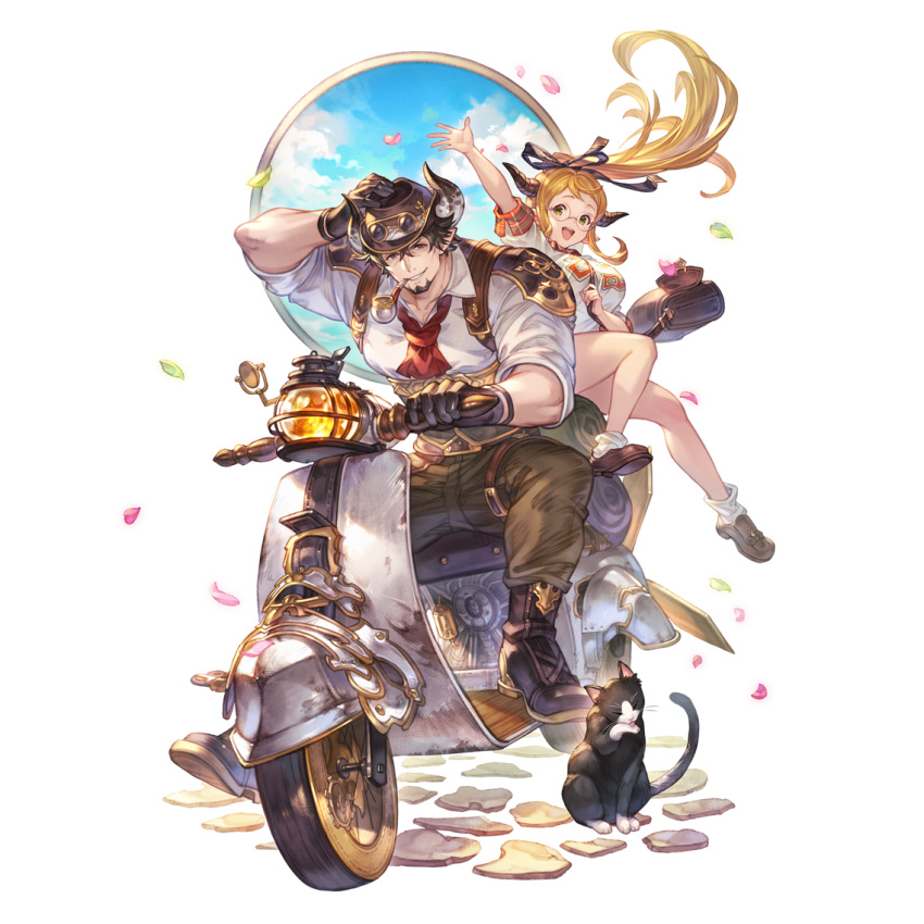 1boy 1girl animal ascot barawa black_gloves black_hair boots breasts brown_pants cat draph facial_hair falling_petals glasses gloves granblue_fantasy hat horns large_breasts large_pectorals long_hair minaba_hideo muscular muscular_male official_art orange_hair pants pectorals petals pointy_ears red_ascot round_eyewear sarya_(granblue_fantasy) shirt short_hair smile smoking_pipe white_shirt