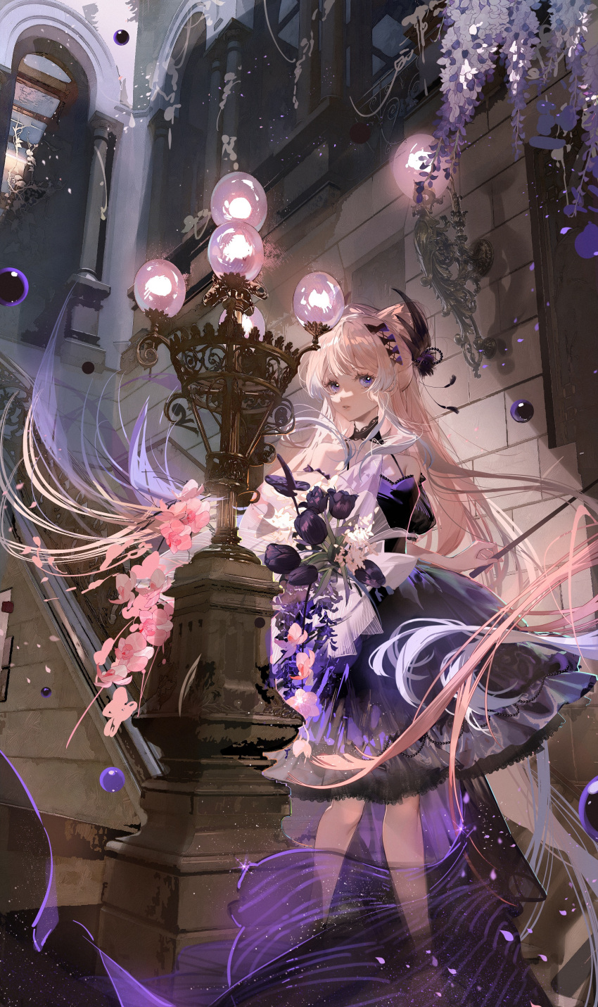 1girl absurdres alternate_costume arch bare_shoulders black_collar bouquet bow-shaped_hair brick_wall building collar commentary_request dress feet_out_of_frame flower genshin_impact highres holding lace-trimmed_skirt lace_trim lamp long_hair looking_at_viewer orb parted_lips pillar pink_flower pink_hair puffy_short_sleeves puffy_sleeves purple_dress purple_flower purple_tulip railing sangonomiya_kokomi short_sleeves skirt solo stairs very_long_hair violet_eyes wisteria xiang_tui_tui