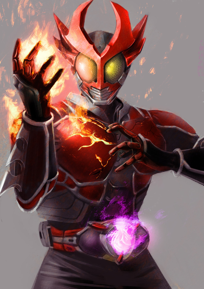 1boy altering_(agito) black_bodysuit bodysuit commentary_request compound_eyes driver_(kamen_rider) facing_viewer flaming_hand grey_background hand_up highres horns kamen_rider kamen_rider_agito kamen_rider_agito_(burning_form) kamen_rider_agito_(series) luke001 multiple_horns partial_commentary red_armor red_horns rider_belt simple_background solo spiked_gauntlets upper_body yellow_eyes