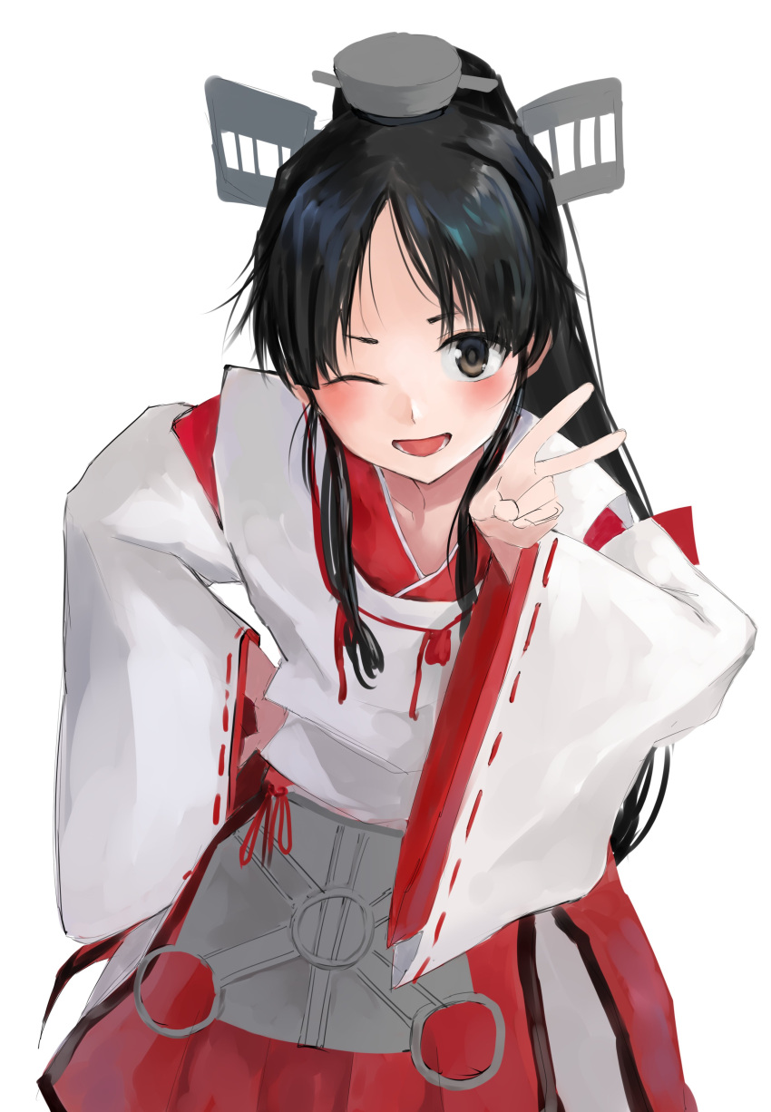 1girl 73suke absurdres brown_eyes hakama hand_on_own_hip headgear high_ponytail highres japanese_clothes kantai_collection leaning_forward long_hair looking_at_viewer miko multi-tied_hair nisshin_(kancolle) okobo one_eye_closed open_mouth red_hakama ribbon-trimmed_sleeves ribbon_trim simple_background smile solo very_long_hair white_background