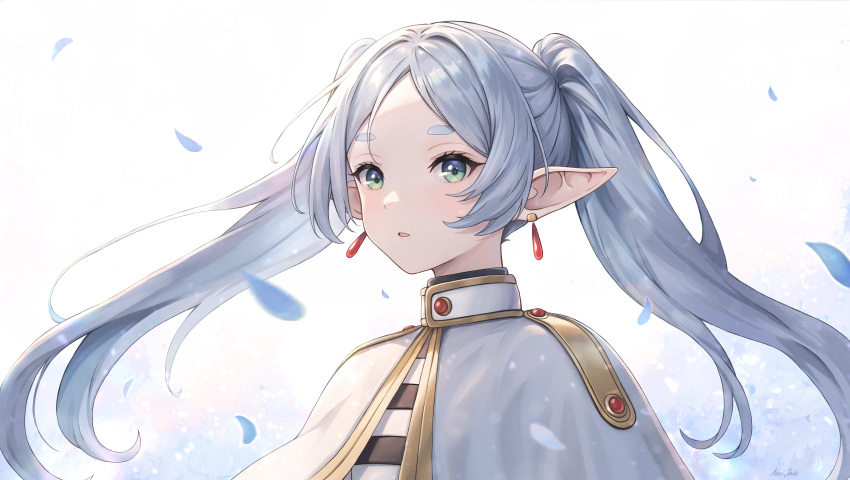 1girl absurdres capelet earrings elf floating_hair frieren gem green_eyes grey_hair highres jewelry long_hair narijade open_mouth parted_bangs pointy_ears portrait red_gemstone solo sousou_no_frieren twintails very_long_hair white_background white_capelet
